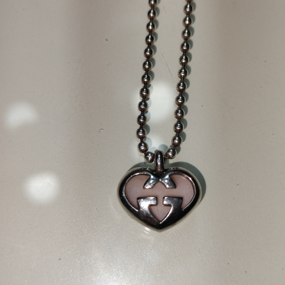 Gucci Silver-Tone Necklace with Pale Pink Heart Logo Pendant